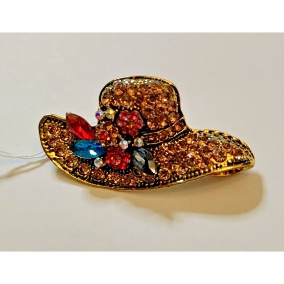 Flowered  Multicolor Rhinestone Summer Hat  Brooch 1.75" W X 1" Long - Picture 2 of 3